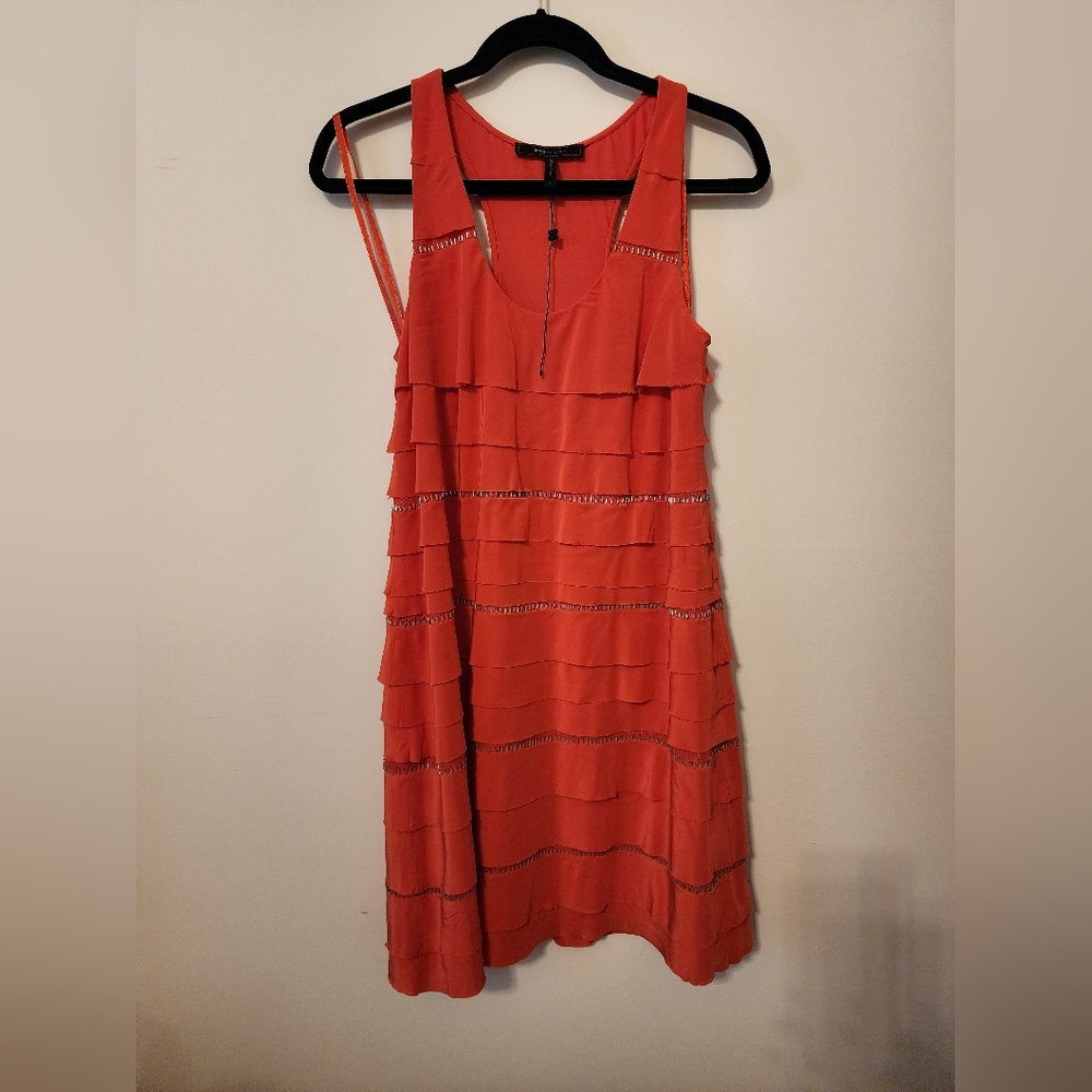 BCBGMaxAzria Coral Tiered Ruffled Mini Silk Beaded Dress NWT M